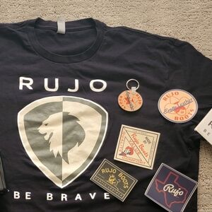 Rujo Boot comany tshirt shirt with decal and water bottle